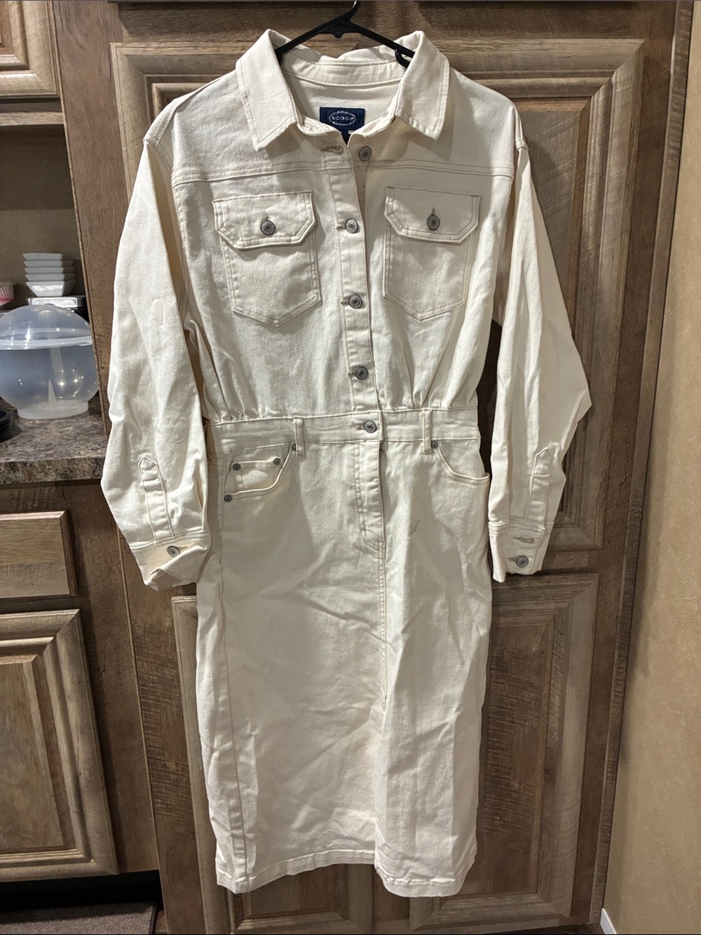 Scoop Brand Long Sleeve Button-Down Denim Dress (Cream Color)